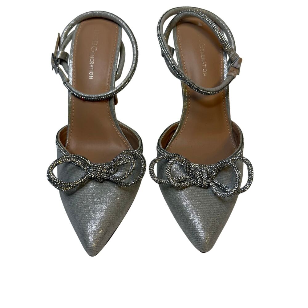 BCBGeneration Silver Rhinestone Bow Ankle Strap Heels 8.5 - Picture 7 of 11